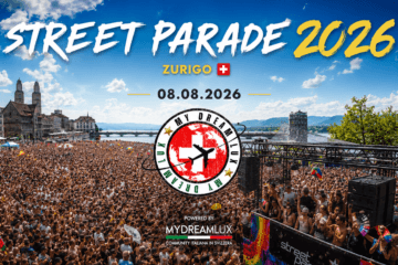 Folla di partecipanti alla Street Parade di Zurigo 2026 durante il festival techno nel centro città